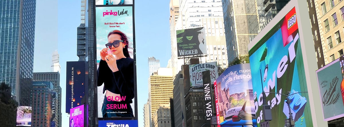 Pinkalulu Billboard advertisement in Times Square, New York City.