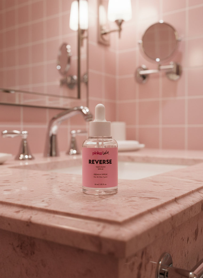Bottle of 'Reverse' serum with pink label on bathroom background