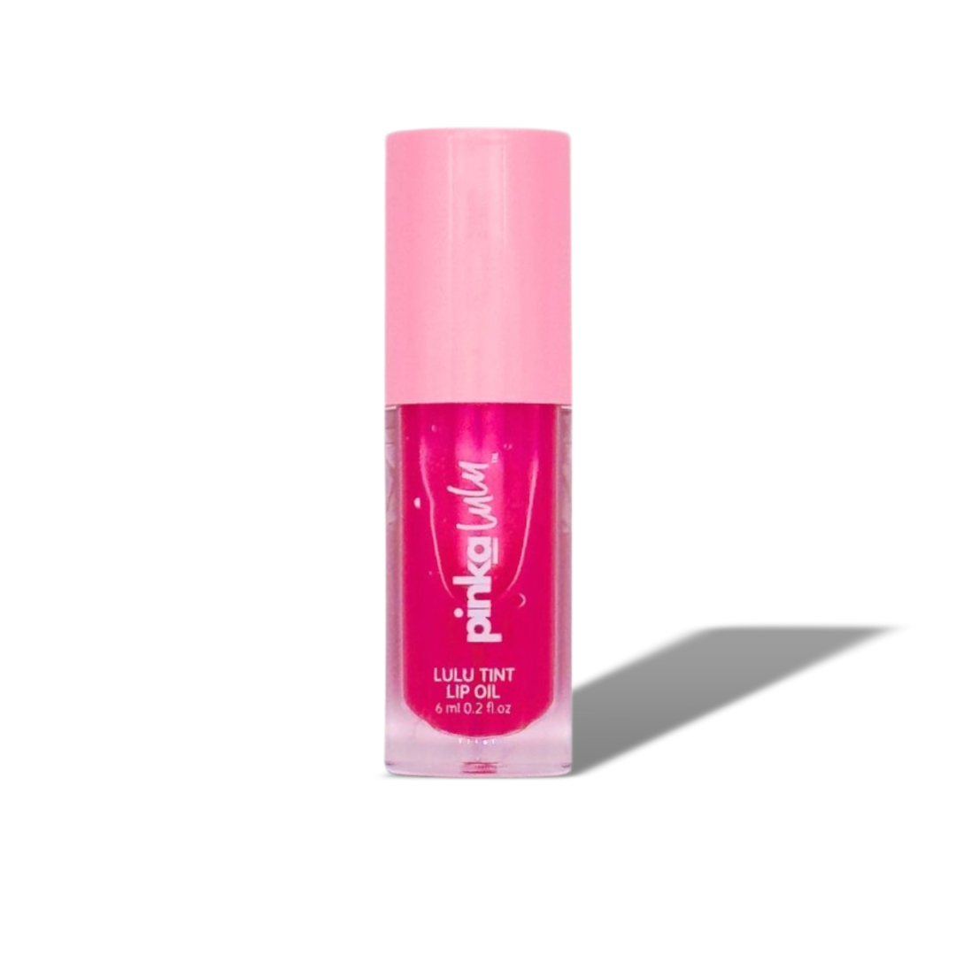 Pink lip oil bottle with 'Pinkalulu' branding on a white background with shadow