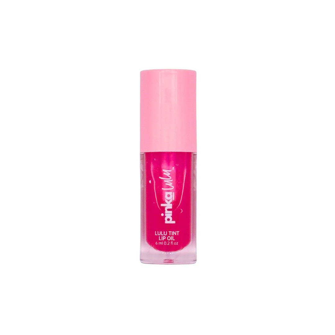 Pink lip oil bottle with 'Pinkalulu' branding on a white background