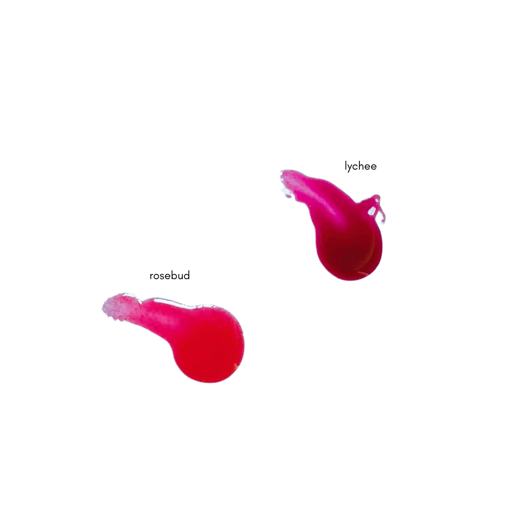 Two Pinkalulu pink lip gloss samples labeled 'rosebud' and 'lychee' on a white background.