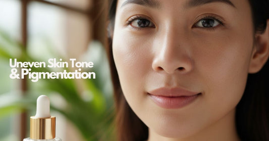 Close up image of a lady face with skincare products