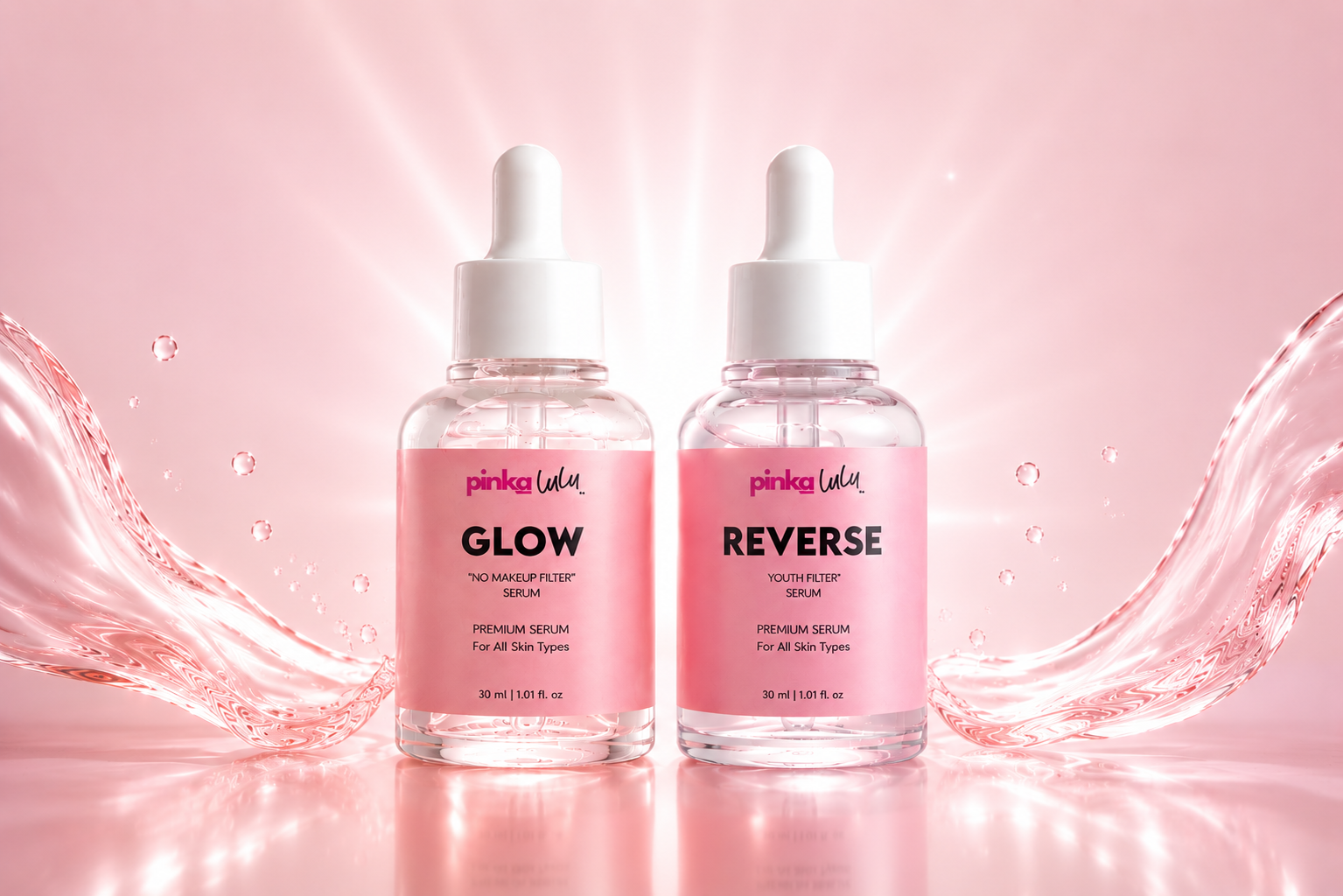 Two pinkalulu serum bottles 'GLOW' and 'REVERSE' set on a glossy reflective surface with pink liquid splash effects against a soft light background.