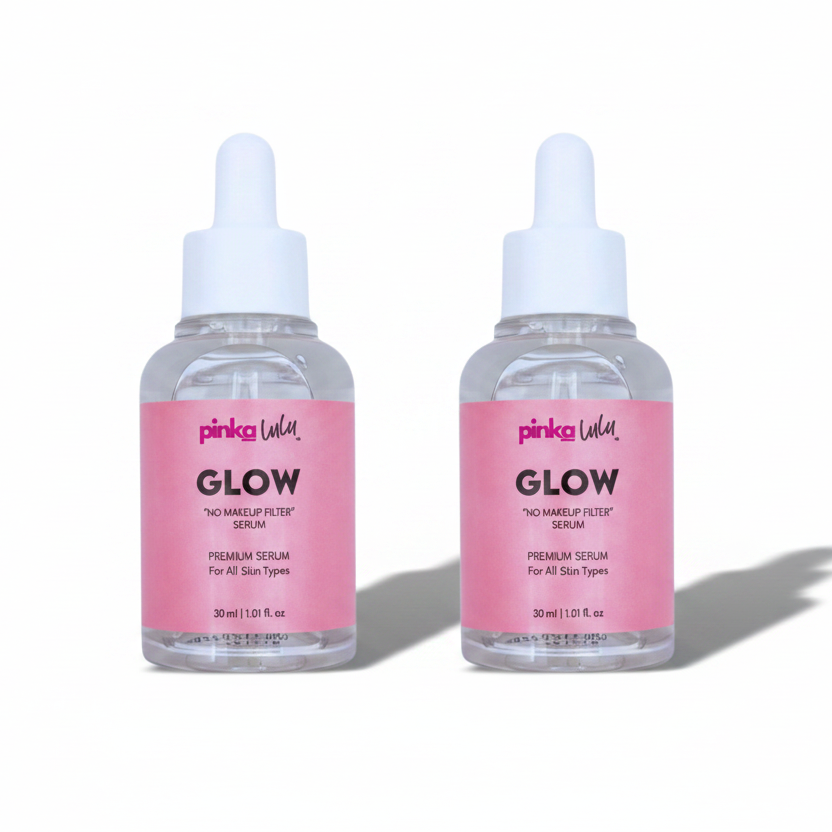 Two bottles of Pinkalulu Glow serums on a white background