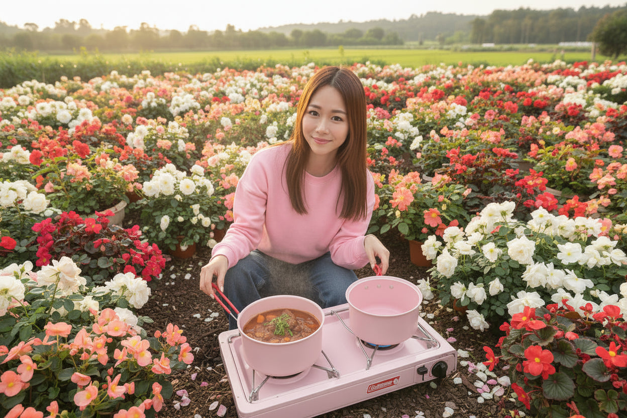 Woman cooking outdoors in a field of flowers