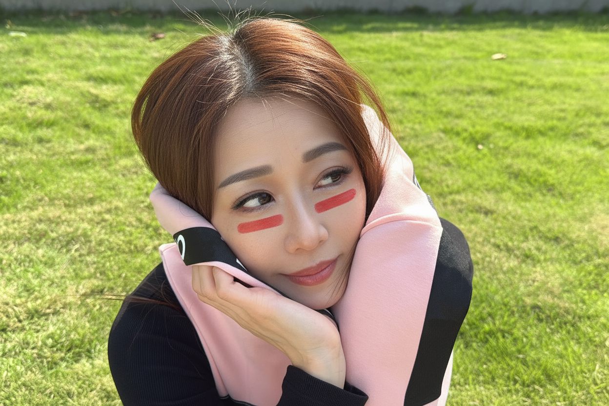 Woman with red marks on her cheeks sitting on grass