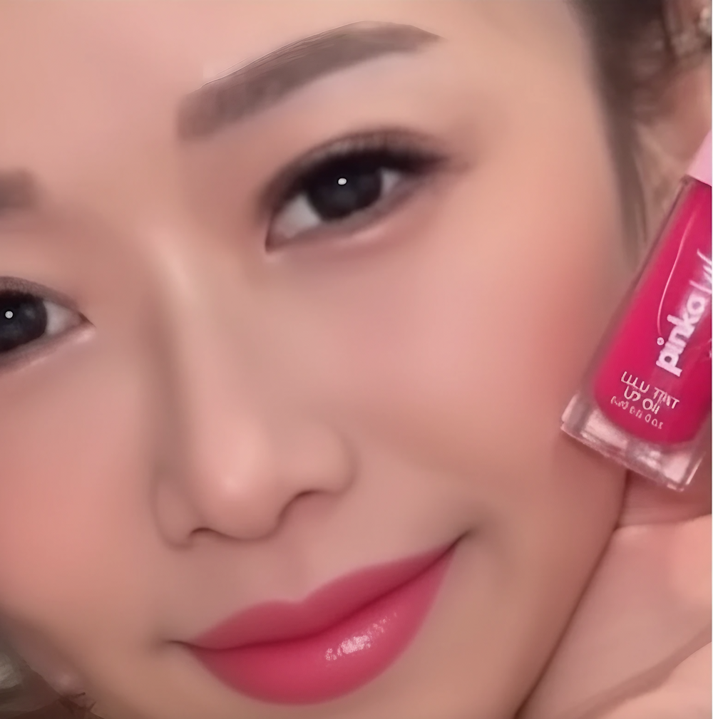 Woman holding a pink lip gloss with a blurred background