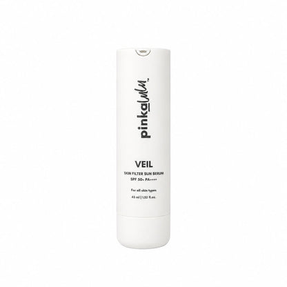 A white cylindrical bottle of pinkalulu VEIL Thin Filter Skin Serum with black text, centered on a plain white background.