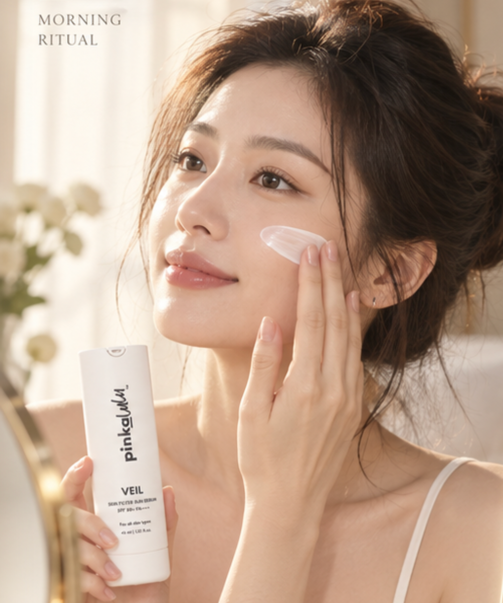 A lady applying Pinkalulu Sun serum