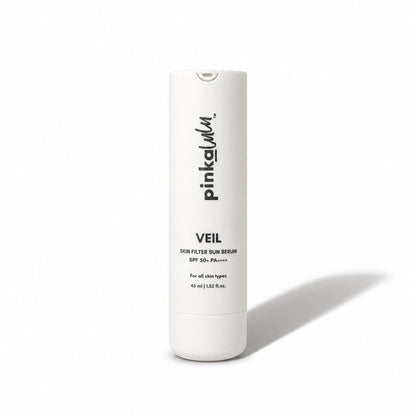 A white cylindrical bottle of pinkalulu VEIL Skin Filter Sun Serum with black text, photographed on a clean white background with a soft shadow to the right.
