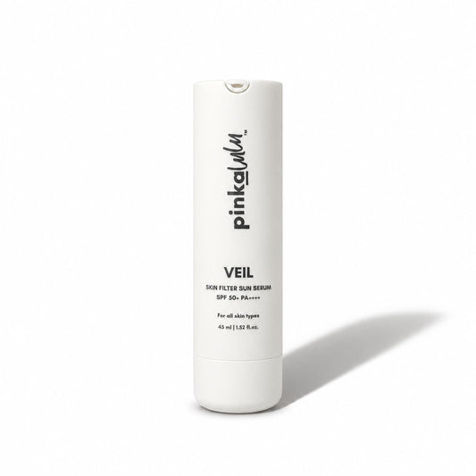A white cylindrical bottle of pinkalulu VEIL Skin Filter Sun Serum with black text, photographed on a clean white background with a soft shadow to the right.
