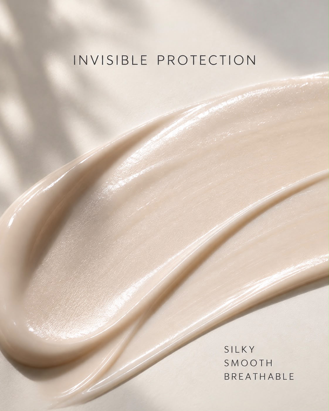 A close-up of a creamy beige cosmetic smear with text reading 'INVISIBLE PROTECTION' and 'SILKY SMOOTH BREATHABLE' on a softly lit beige background.