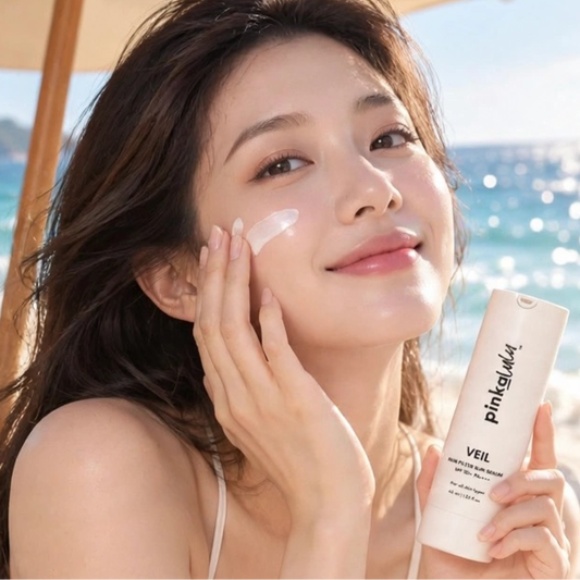 A lady sitting on a beach, holding a bottle of Pinkalulu Sun Serum and applying on her face.