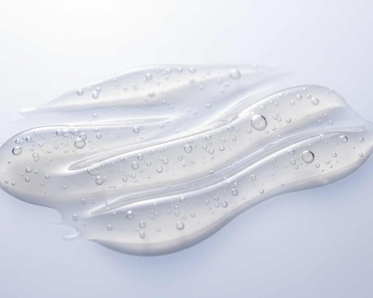 a macro close-up of a semi clear gel-like skincare substance. It appears to have small bubbles within it and is spread in wavy lines on a reflective surface. 