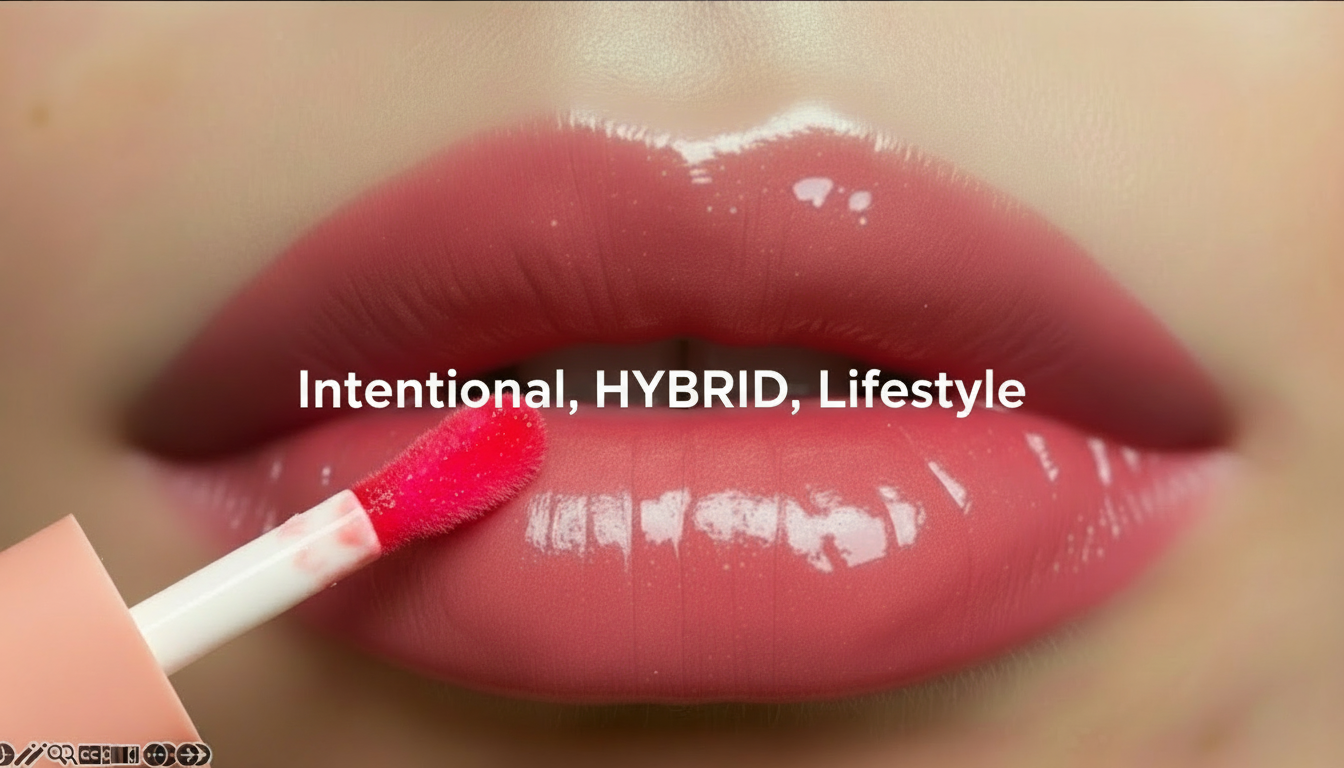 Close-up of a lip with a lip brush applying lipstick, with text 'Intentional, HYBRID, Lifestyle' on a blurred background.