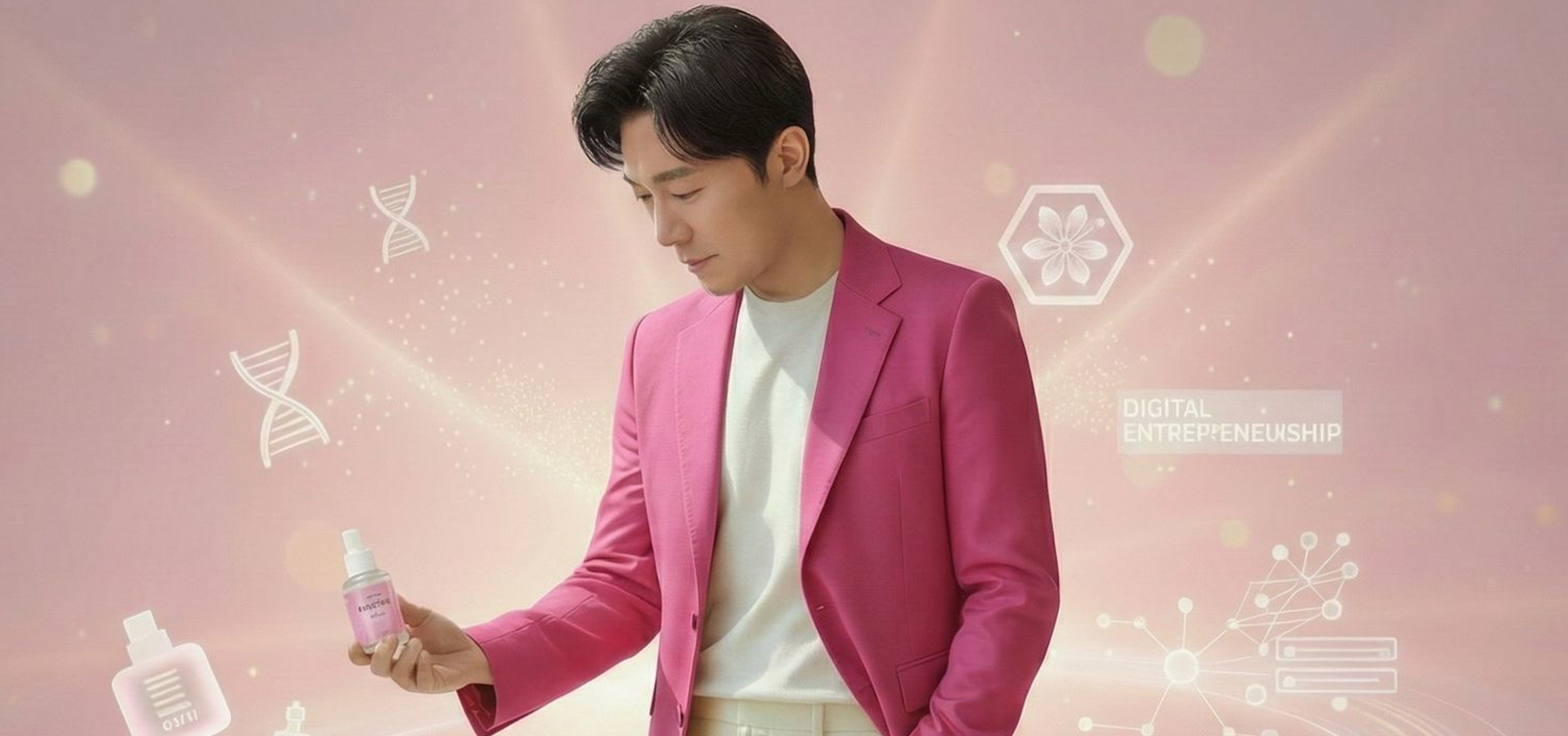 Man in a pink blazer holding a bottle against a pink background with graphics