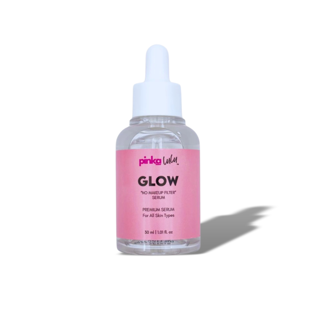Pinkalulu Glow Serum bottle with pink label on a white background with shadow