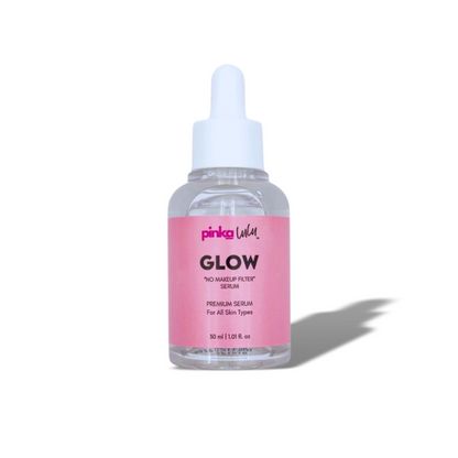 Pinkalulu Glow Serum bottle with pink label on a white background with shadow