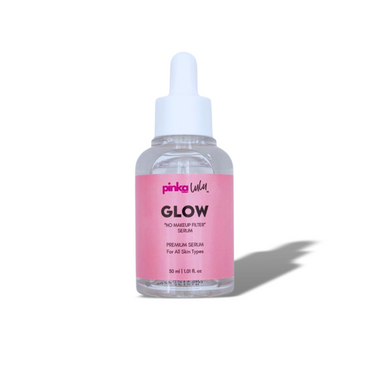 Pinkalulu Glow Serum bottle with pink label on a white background with shadow