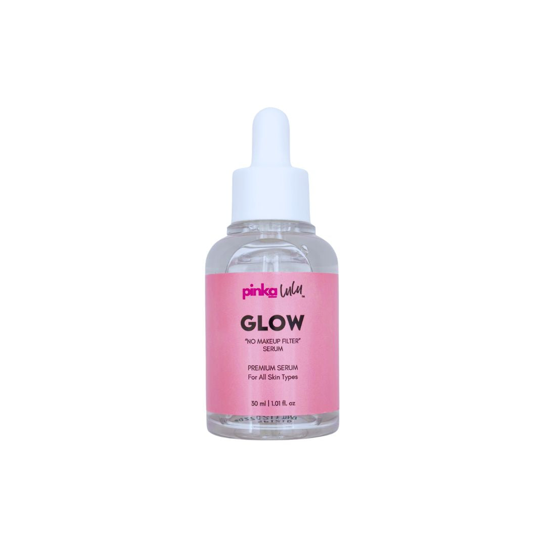 Pinkalulu Glow Serum bottle with pink label on a white background