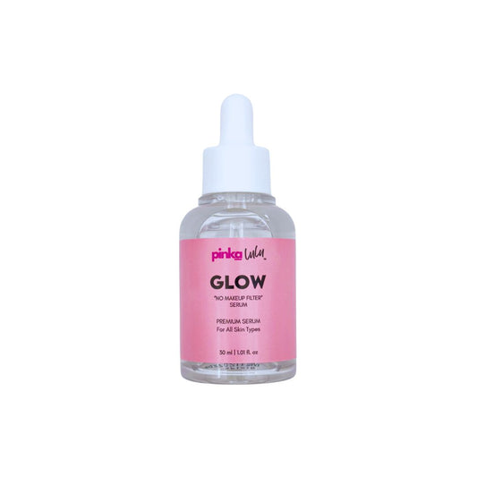 Pinkalulu Glow Serum bottle with pink label on a white background