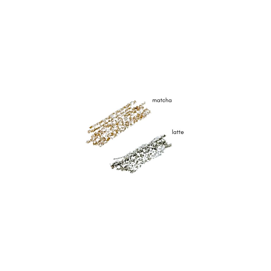 Two colors of Pinkalulu smooth brow liner labeled 'matcha' and 'latte' on a white background