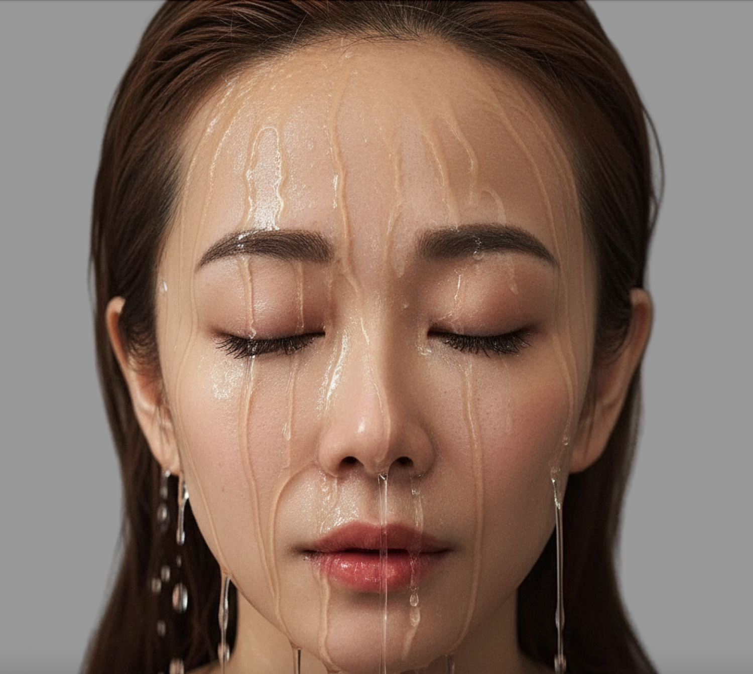 Close-up of a woman with long brown hair and earrings, blurred background