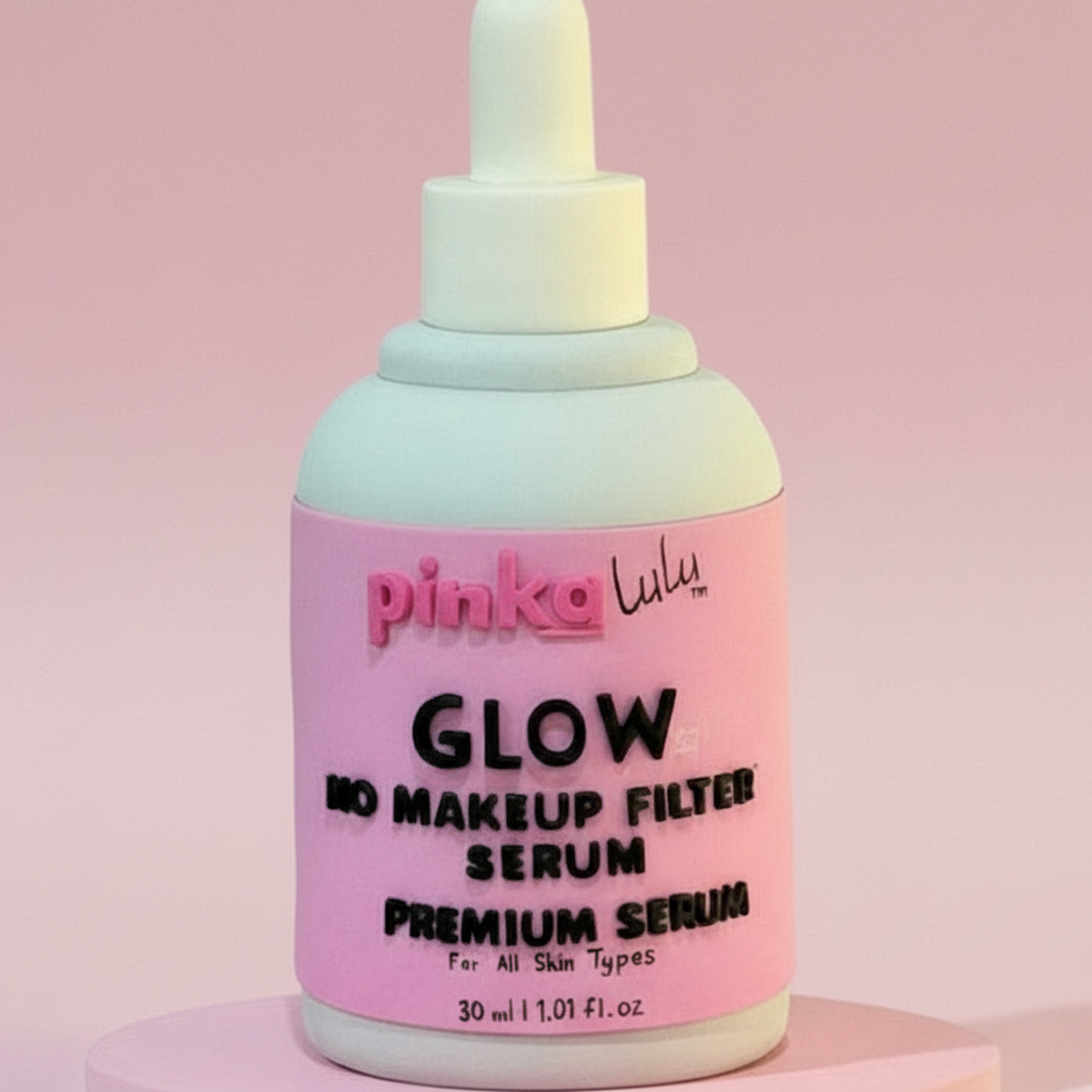 Pink bottle Serum cake with 'pinkalulu' branding on a pink background