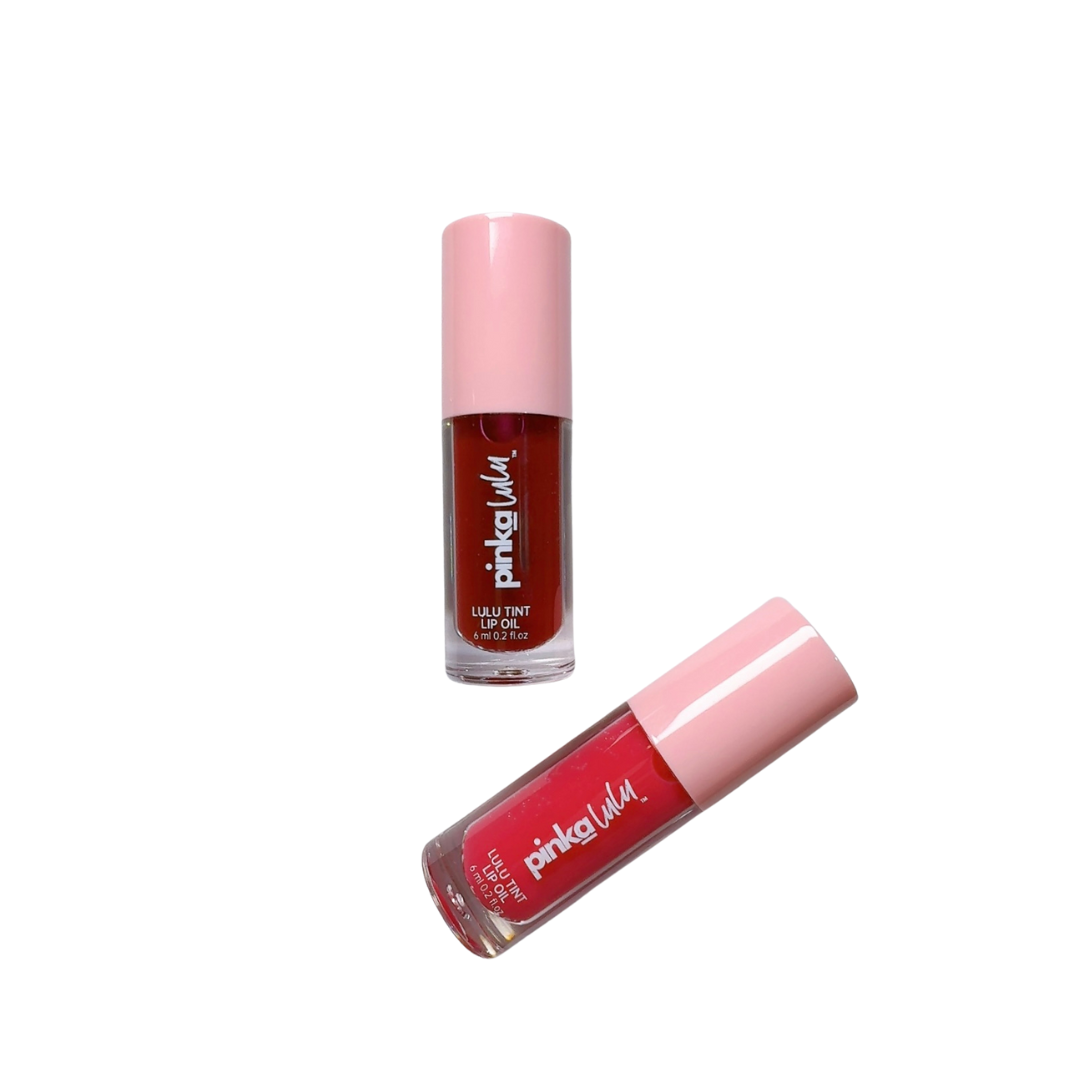 Two Pinkalulu lulu tint lip oil on a white background