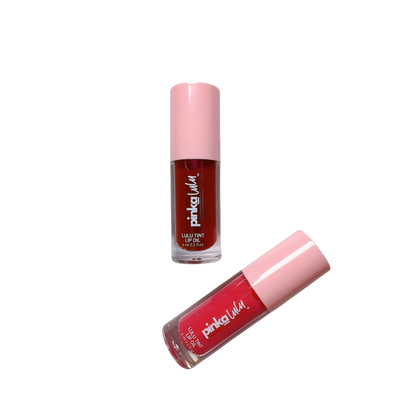 Two Pinkalulu lulu tint lip oil on a white background