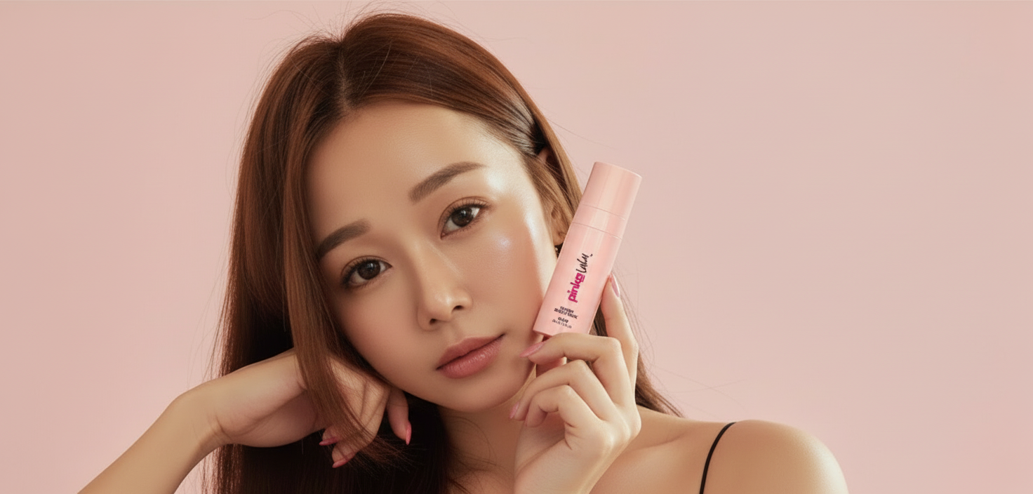 Woman with long brown hair against a pink background with a skincare product bottle inset.