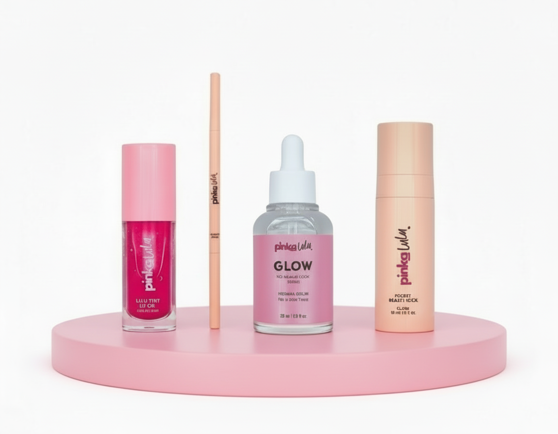 Set of pink skincare products on a wooden tray with a white background