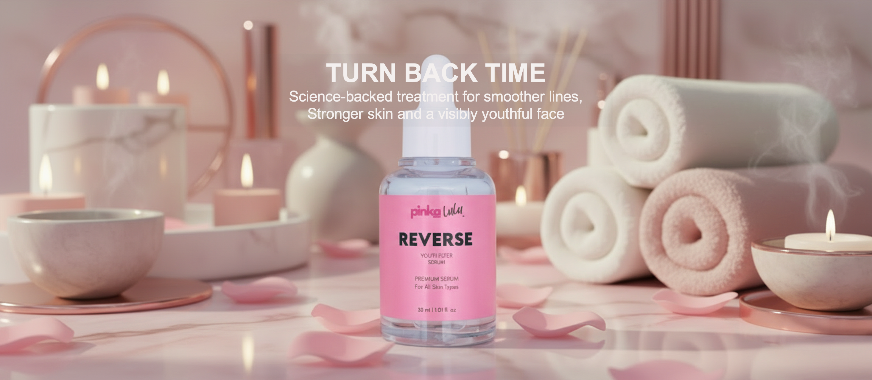 Skincare product with 'Reverse' label on a pink background with candles and towels.