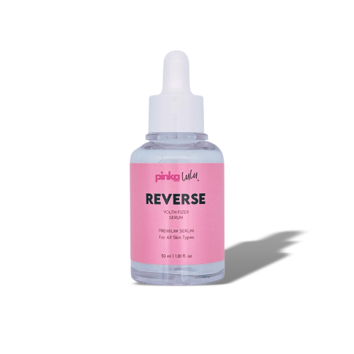 Pinkalulu Reverse Serum bottle with pink label on a white background with shadow