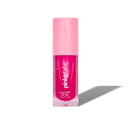Pink lip oil bottle with 'Pinkalulu' branding on a white background with shadow