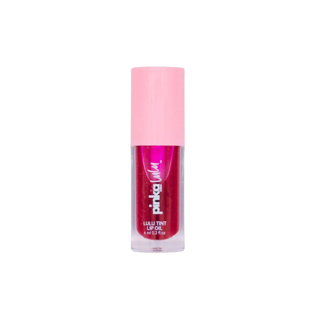 Pink lip oil bottle with 'Pinkalulu' branding on a white background